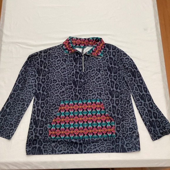 Crazy Train Leopard Print Geometric Pocket Quarter Zip Pullover Women's 2X - Picture 7 of 8